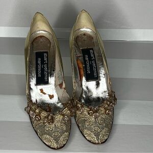 Vintage Stuart Weitzman For Martinique Leather Gold Pumps Bejeweled Size 7